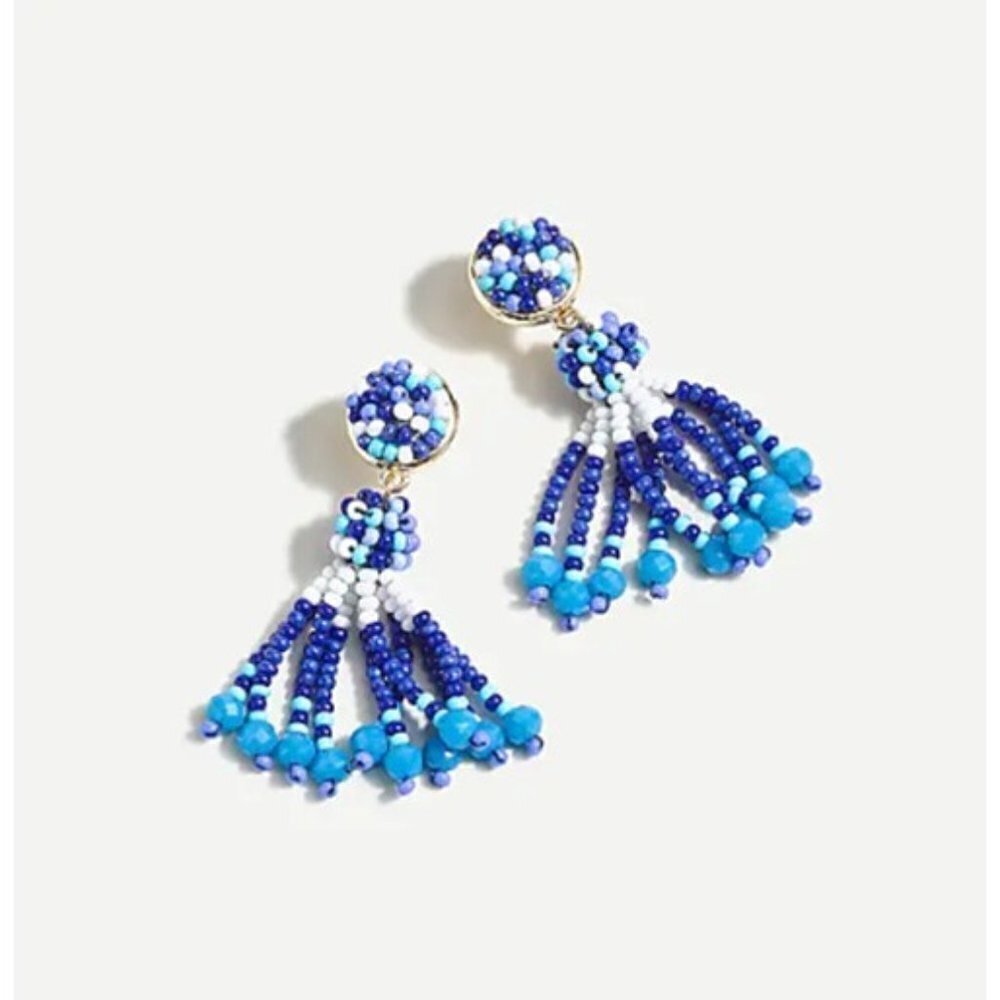 NEW J. Crew Baby Bobina Beaded Tassel Drop Earrings in Blue and White